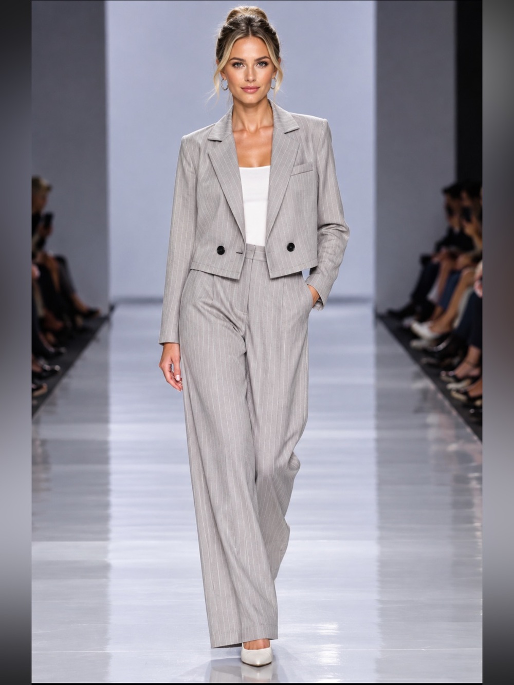 Pantsuit Light Gray Pinstripe with Wide-Leg Trousers - medium Women’s